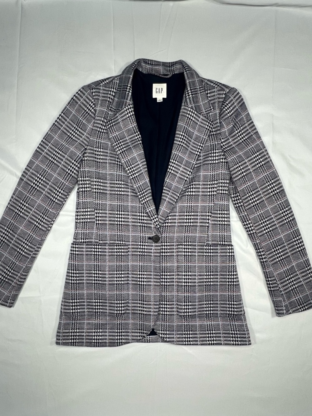 GAP Single Breasted Long Line Blazer Jacket Navy Blue White Plaid Stretch 6